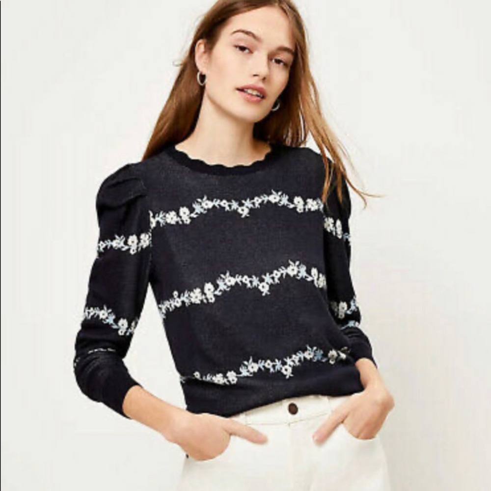 Loft Dark Navy Sweater with puff sleeves with Flowers size Large